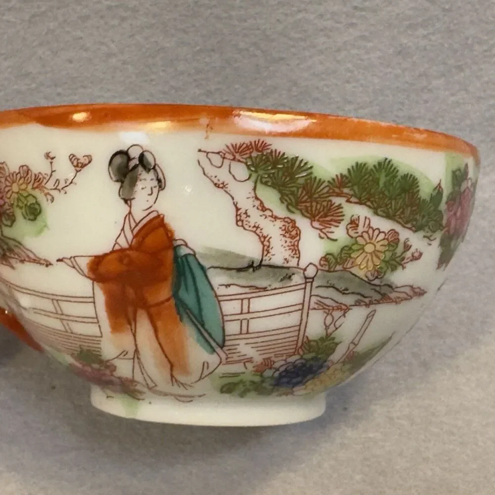 Vintage Japanese Eggshell Porcelain Geisha Pagoda Tea Cup Saucer Orange Red